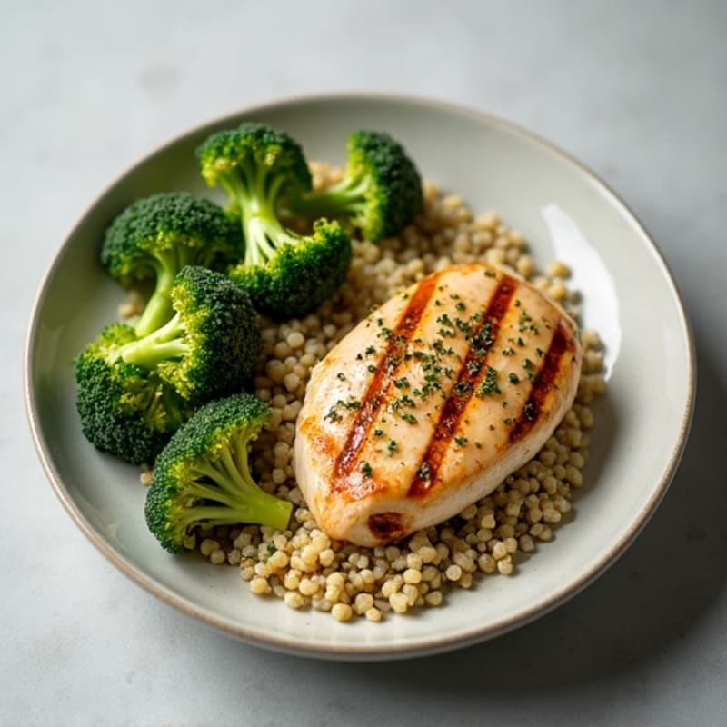 Grilled Chicken Breast with Creamy Quinoa and Roasted Broccoli
