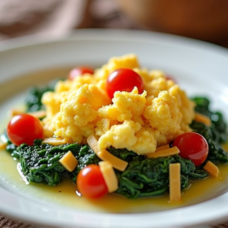 Fluffy Scrambled Eggs with Sautéed Spinach and Cherry Tomatoes