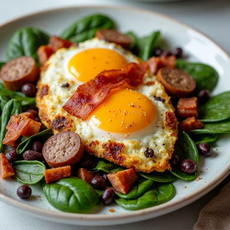 Beef Sausage and Black Bean Scramble with Crispy Bacon and Fresh Spinach
