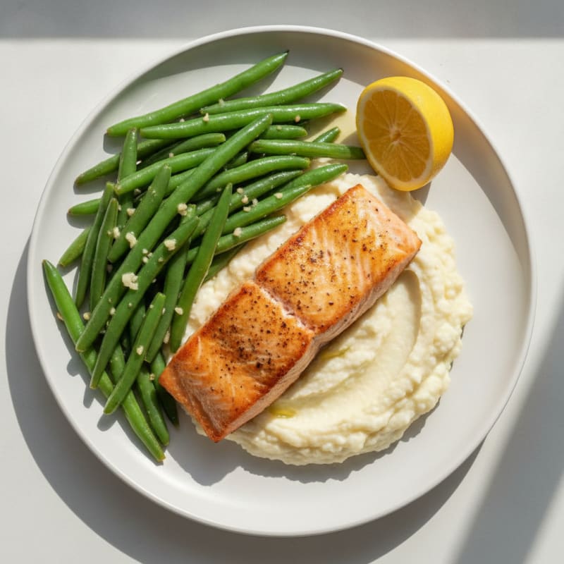 Seared Salmon with Garlic Green Beans and Cauliflower Mash