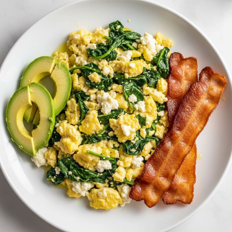 Cottage Cheese Scramble with Turkey Bacon and Spinach