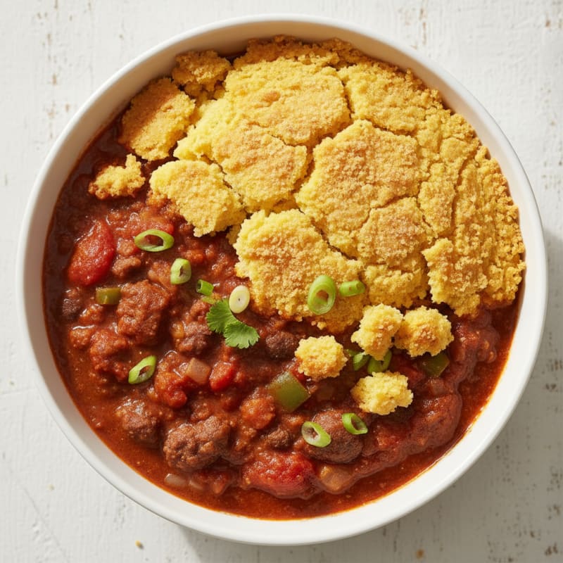 Hearty Beef Chili with Cornbread Topping