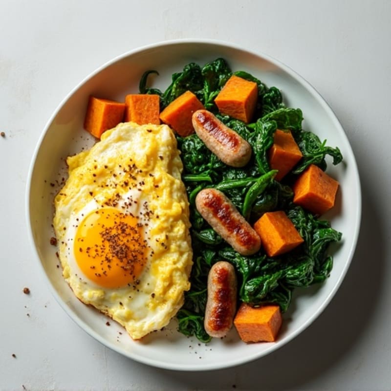 Egg White and Turkey Sausage Scramble with Spinach and Sweet Potato