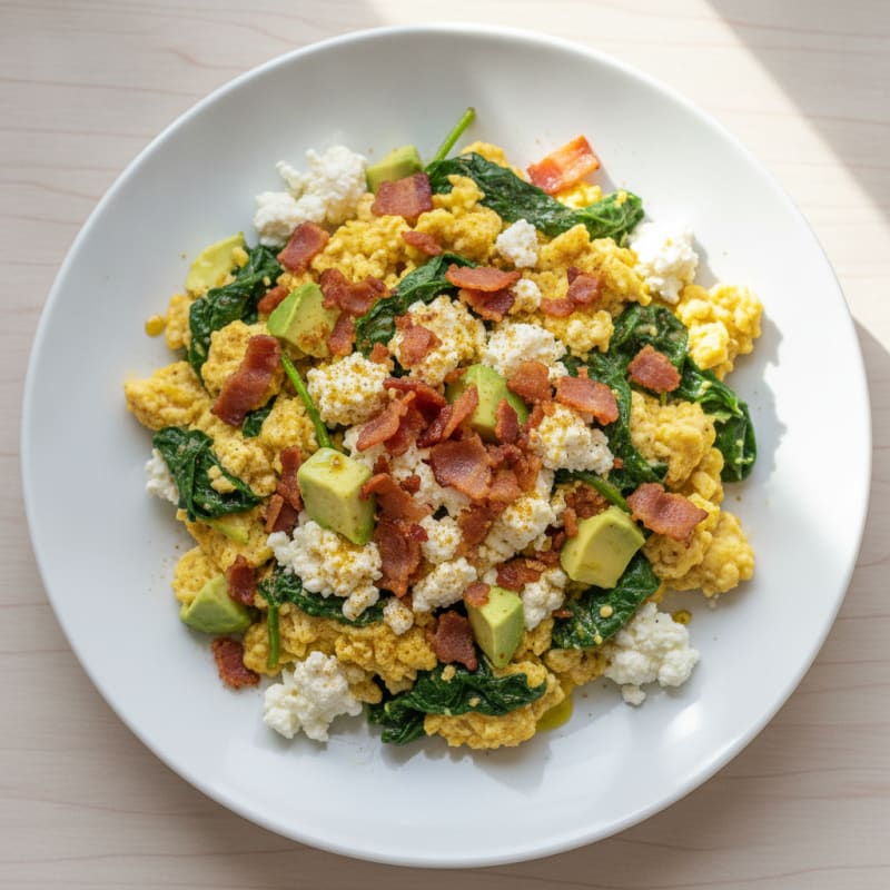 Curry Cottage Cheese Scramble with Spinach and Turkey Bacon
