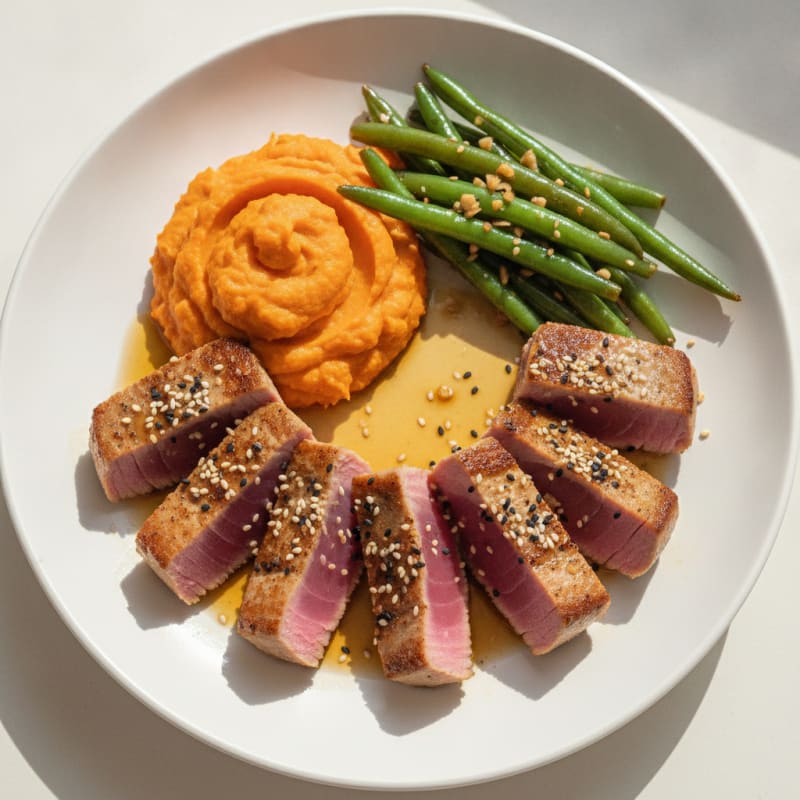Seared Tuna Steak with Garlic Green Beans and Sweet Potato Mash