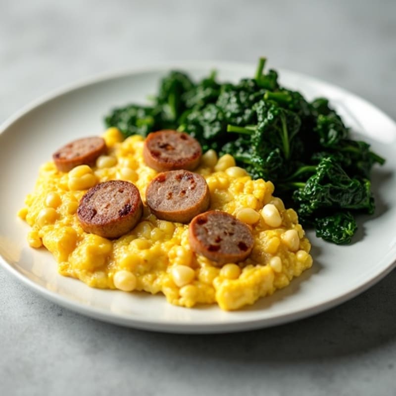 Egg White and Turkey Sausage Scramble with Sautéed Spinach