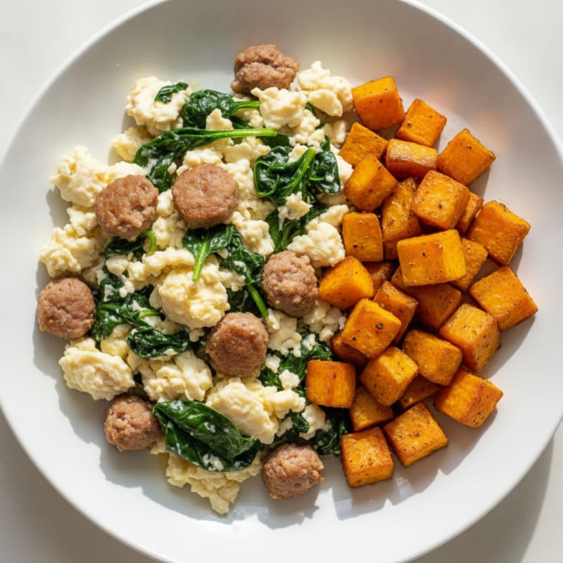 Egg White and Turkey Sausage Scramble with Spinach and Roasted Sweet Potato