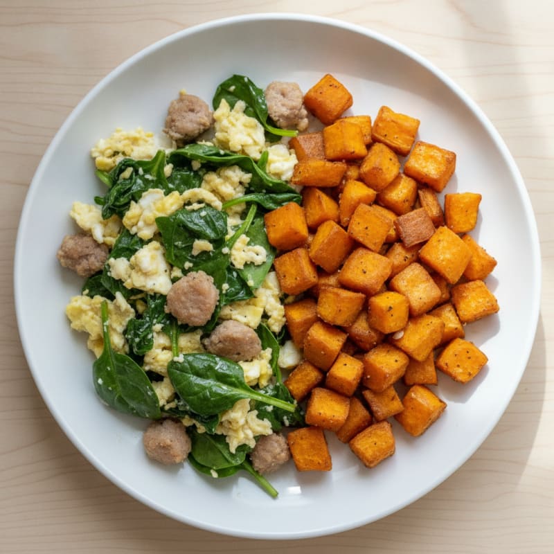 Egg White and Turkey Sausage Scramble with Roasted Sweet Potatoes