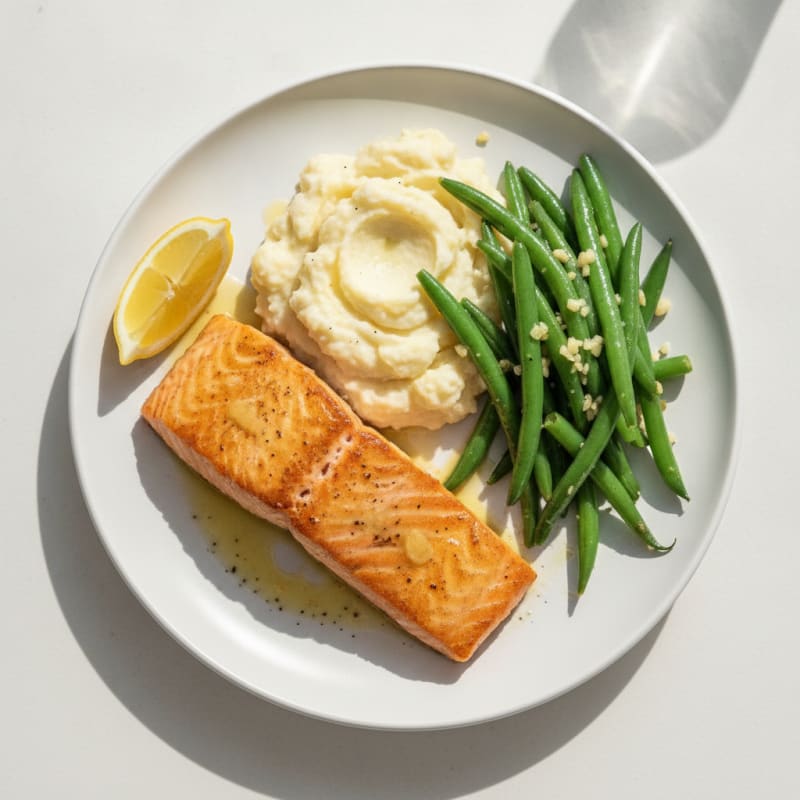 Seared Salmon with Garlic Green Beans and Mashed Cauliflower