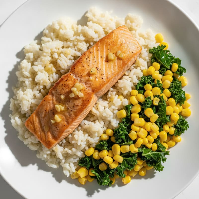 Pan-Seared Salmon with Garlic Rice and Steamed Corn