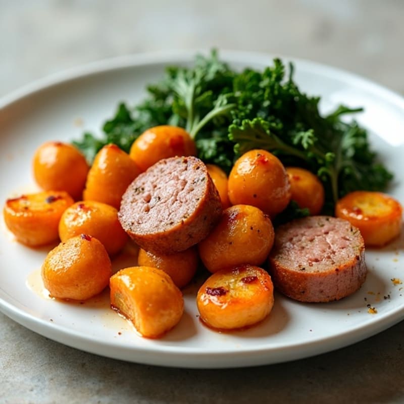 Pan-Seared Sweet Potato Gnocchi with Sautéed Greens and Lean Turkey Sausage
