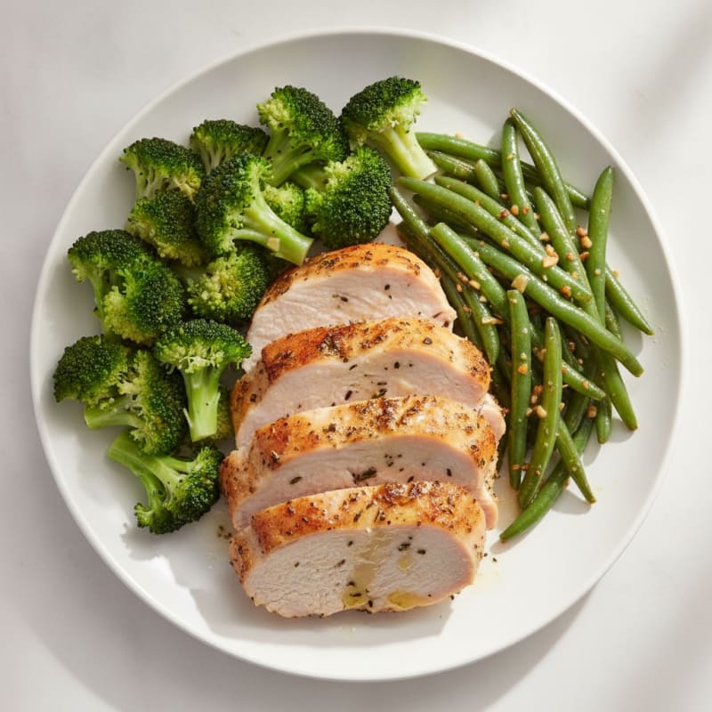 Herb-Roasted Turkey Breast with Steamed Broccoli and Garlic Green Beans