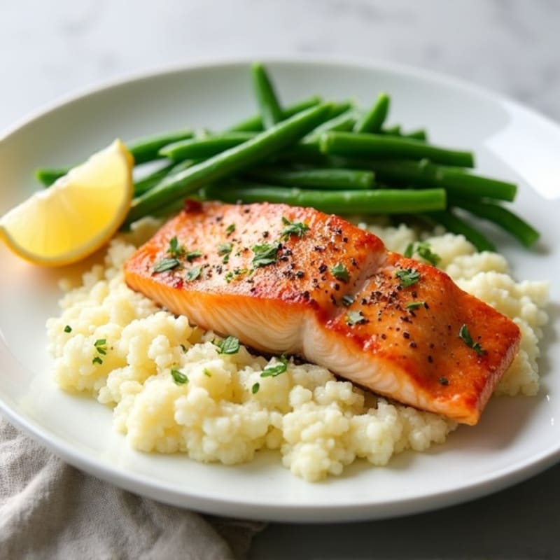 Seared Salmon Fillet with Steamed Green Beans and Garlic Mashed Cauliflower