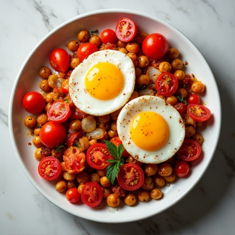 Spicy Simmered Tomato and Pepper Skillet with Poached Eggs