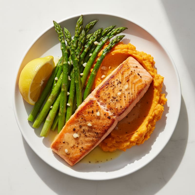 Seared Salmon Fillet with Roasted Asparagus and Sweet Potato Mash