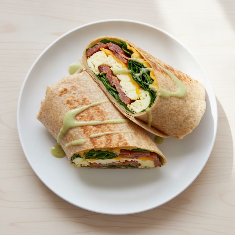 Crispy Turkey Bacon Egg White Wrap with Spinach and Cheddar