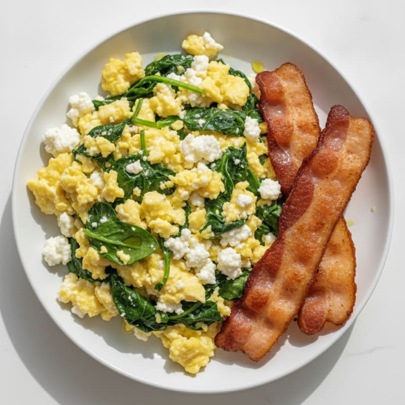 Cottage Cheese Egg Scramble with Spinach and Turkey Bacon