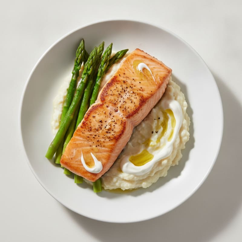 Seared Salmon Fillet with Steamed Asparagus and Garlic Cauliflower Mash