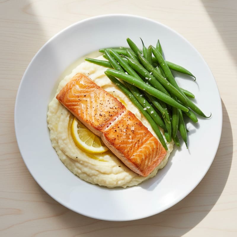 Seared Salmon with Steamed Green Beans and Mashed Cauliflower