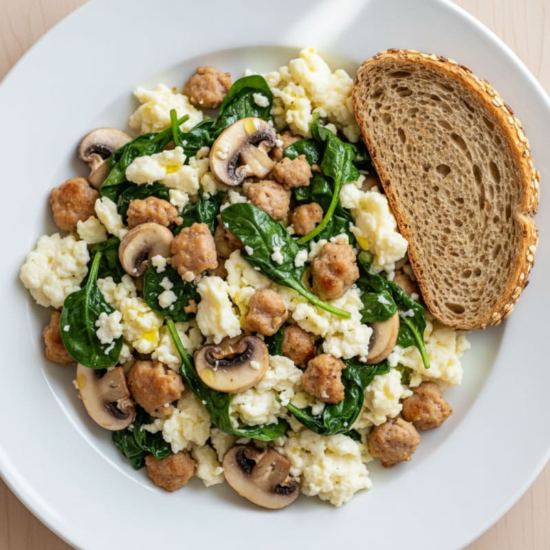 Egg White and Turkey Sausage Scramble with Spinach and Sautéed Mushrooms