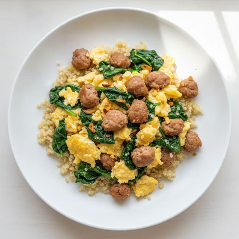 Egg White and Turkey Sausage Scramble with Sautéed Spinach and Quinoa