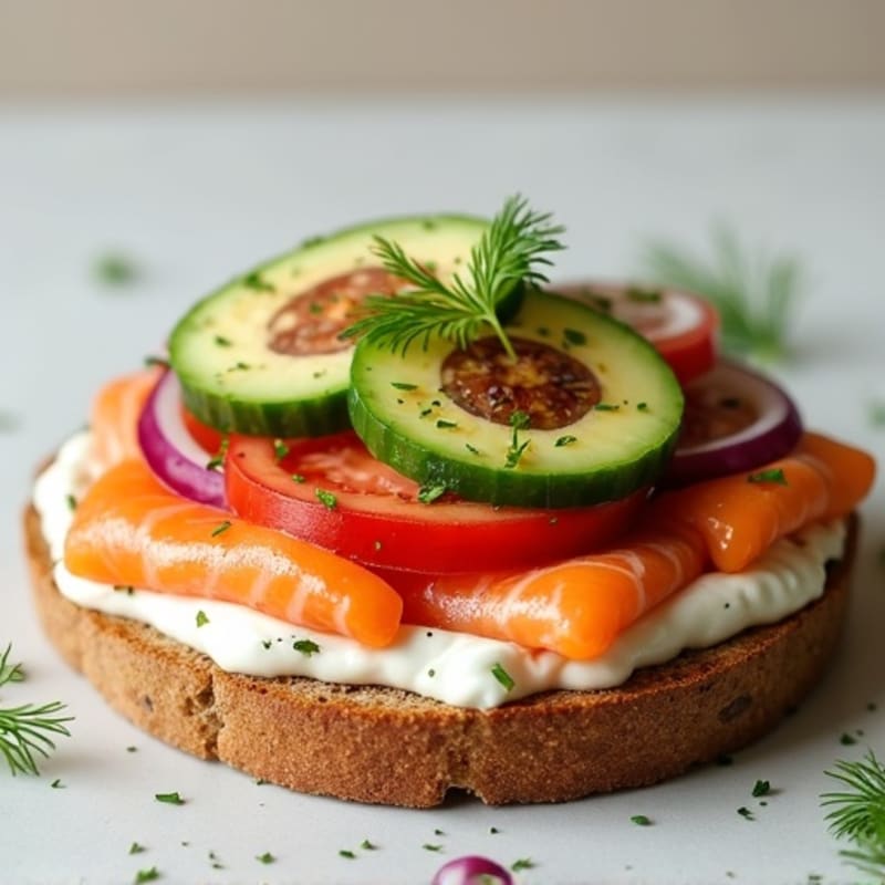 Smoked Salmon with Creamy Dill Spread and Fresh Veggies on Toasted Whole Grain Bread