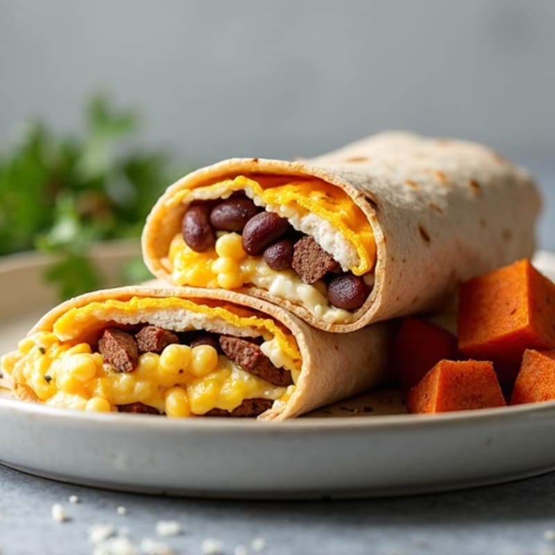 Lean Turkey Sausage, Egg, and Black Bean Burrito with Roasted Sweet Potatoes