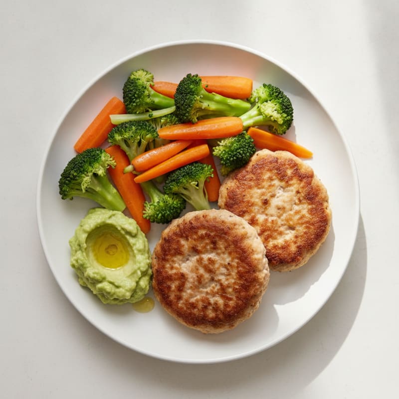 Seared Turkey Patties with Steamed Broccoli and Carrots