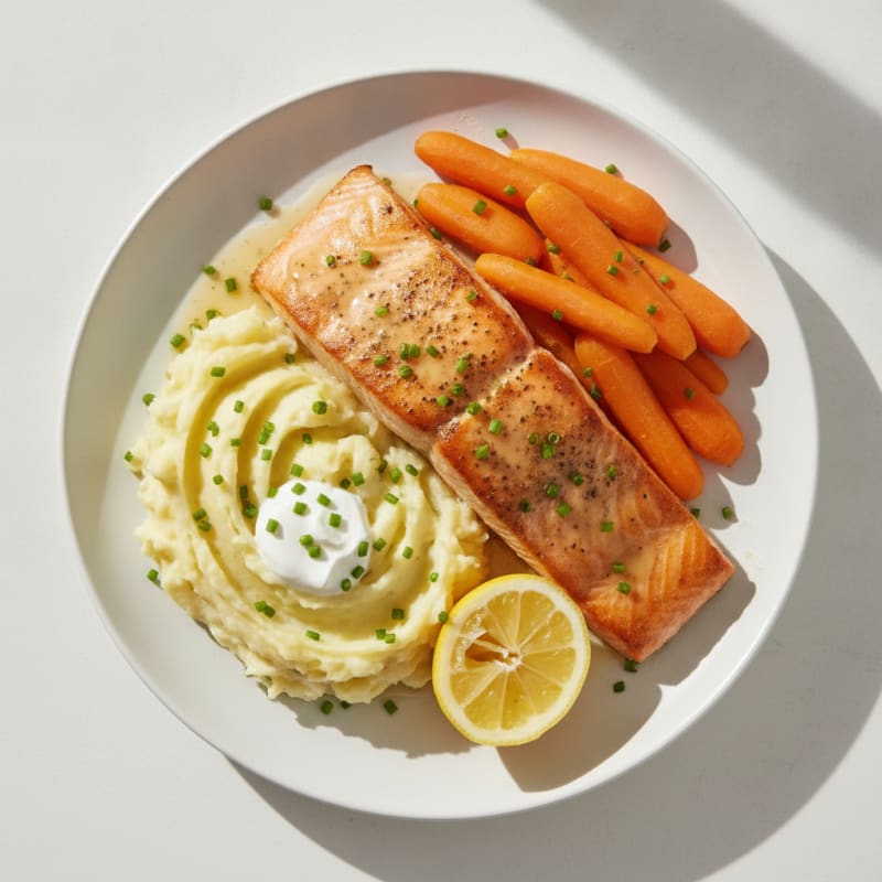 Seared Salmon with Garlic Mashed Potatoes and Steamed Carrots