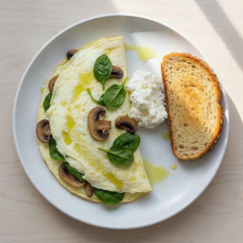 Egg White Spinach Omelette with Cottage Cheese and Sautéed Mushrooms