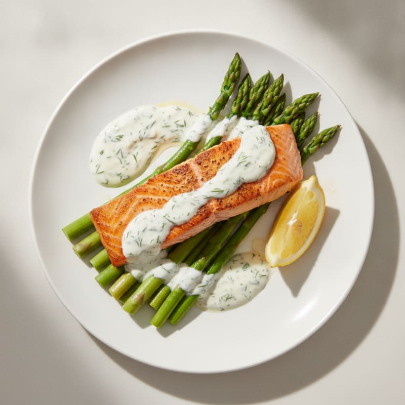 Seared Salmon with Steamed Asparagus and Herb Yogurt Sauce