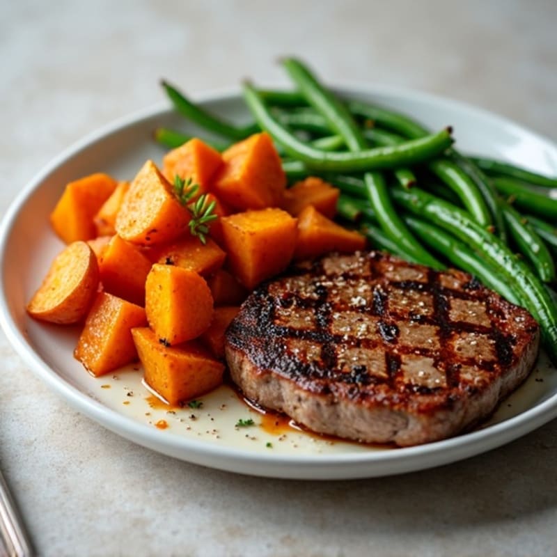 Grilled Sirloin Steak with Roasted Sweet Potatoes and Blistered Green Beans