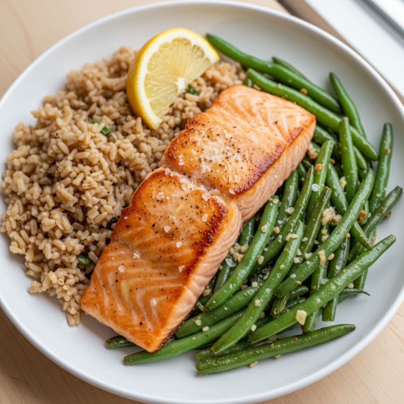 Seared Salmon with Garlic Green Beans and Brown Rice