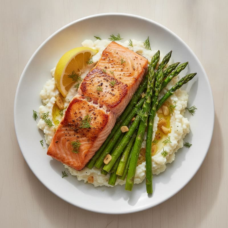Seared Salmon Fillet with Roasted Asparagus and Cauliflower Mash