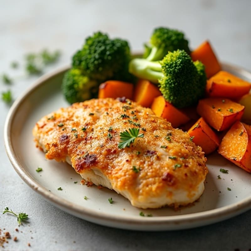 Crispy Lemon-Herb Chicken with Roasted Sweet Potatoes and Broccoli