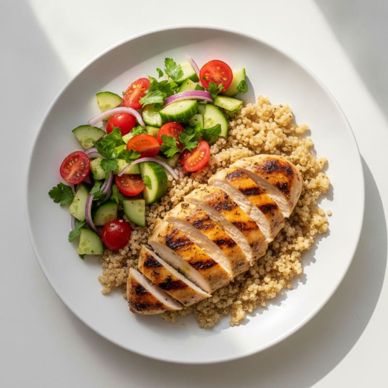 Grilled Chicken Breast with Quinoa and Crunchy Cucumber Tomato Salad