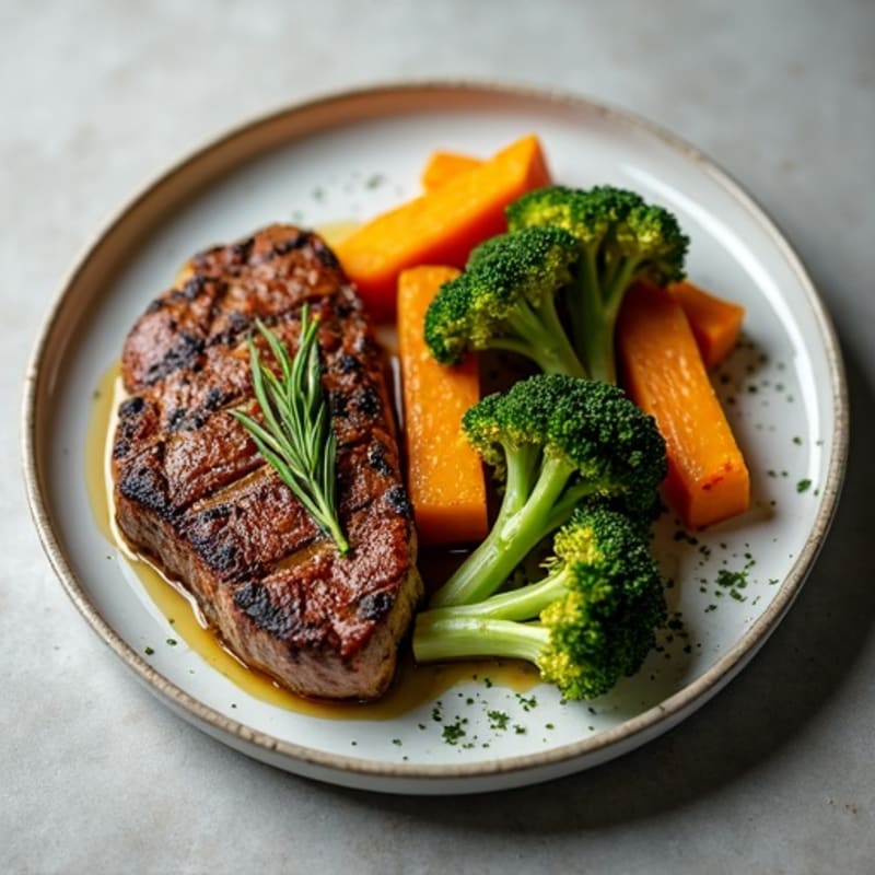 Herb-Crusted Seared Rump Steak with Roasted Pumpkin and Garlic Broccoli