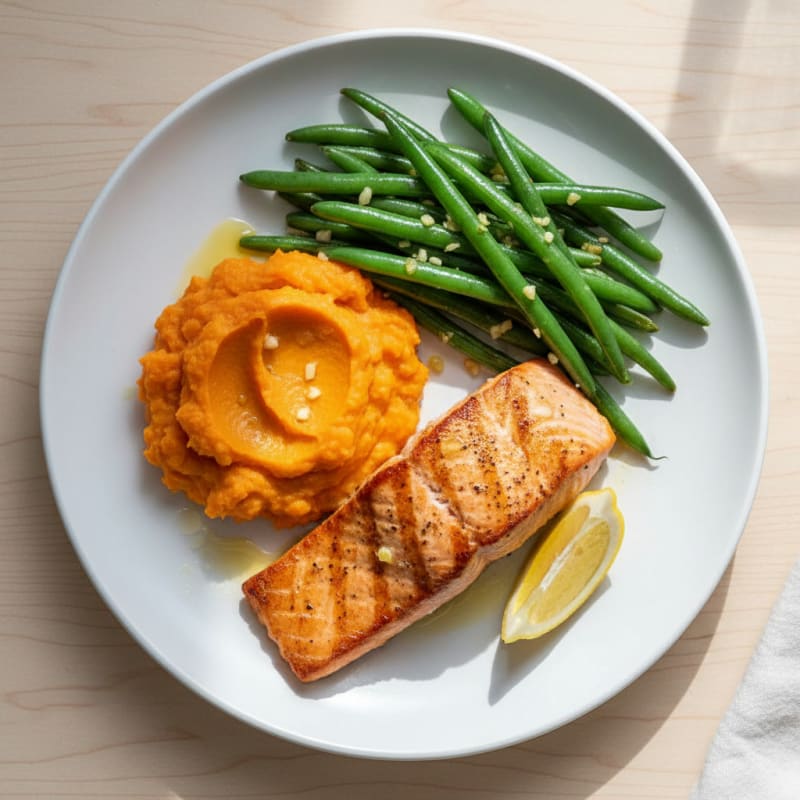 Seared Salmon with Garlic Green Beans and Sweet Potato Mash