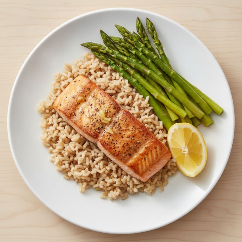 Seared Salmon with Steamed Asparagus and Brown Rice