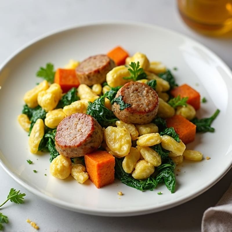 Egg White and Turkey Sausage Scramble with Spinach and Sweet Potato