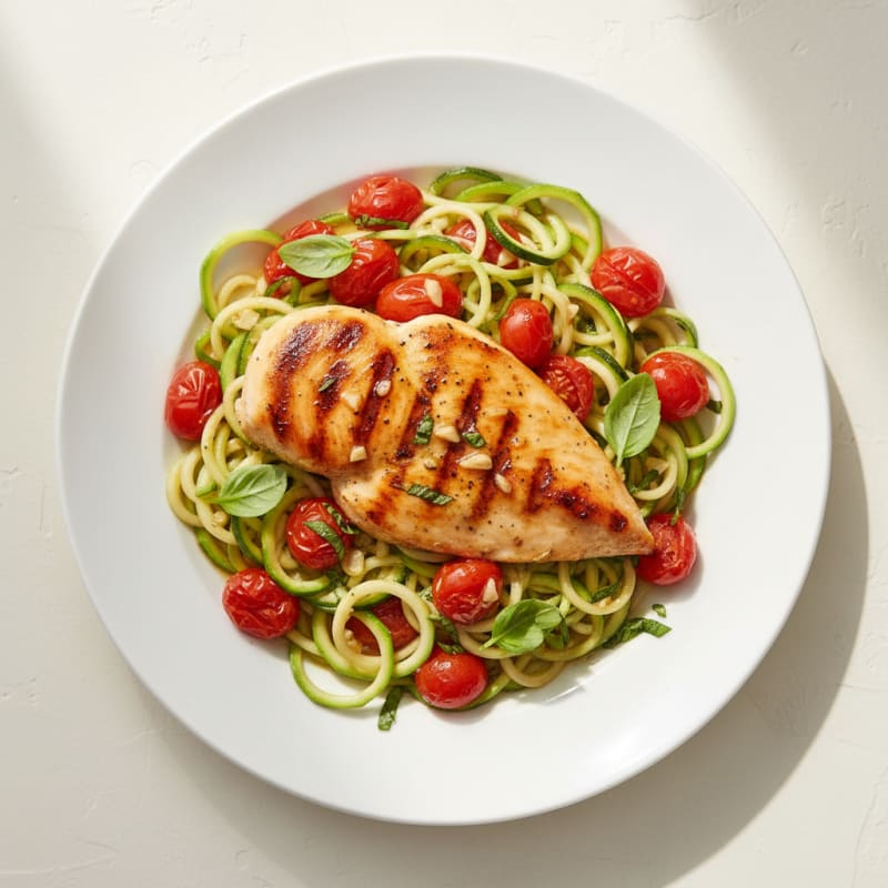 Grilled Chicken Breast over Zucchini Noodles with Cherry Tomatoes