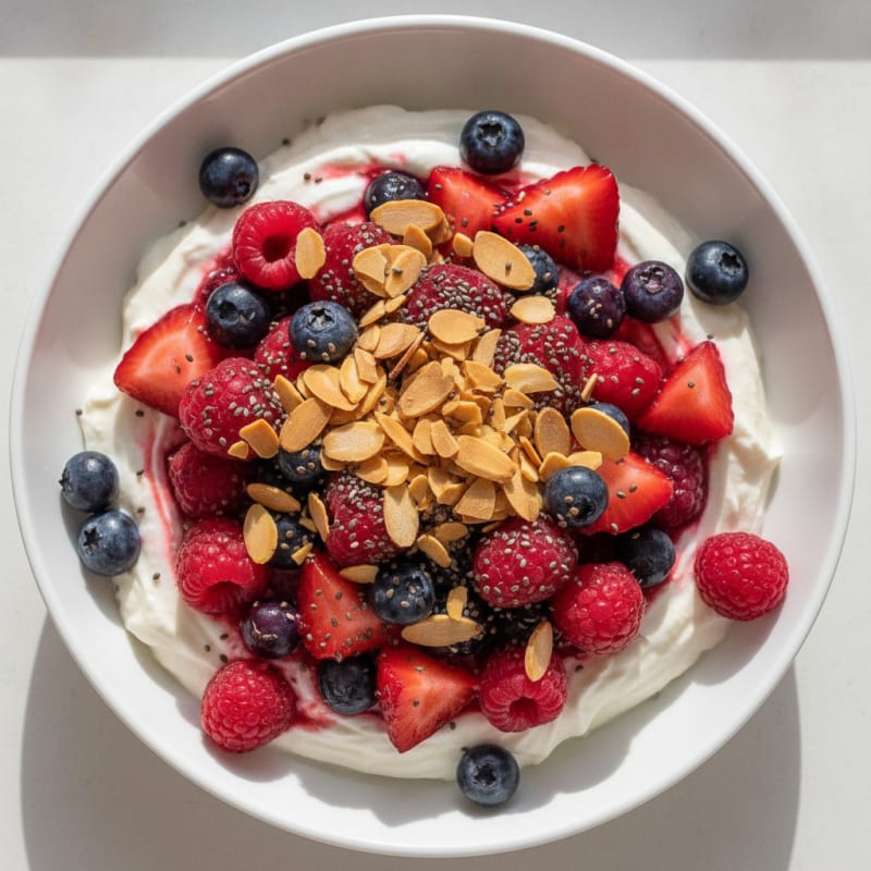 Greek Yogurt Protein Parfait with Mixed Berries and Almonds