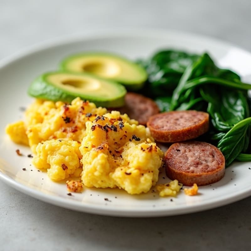 Egg White and Turkey Sausage Scramble with Sautéed Spinach