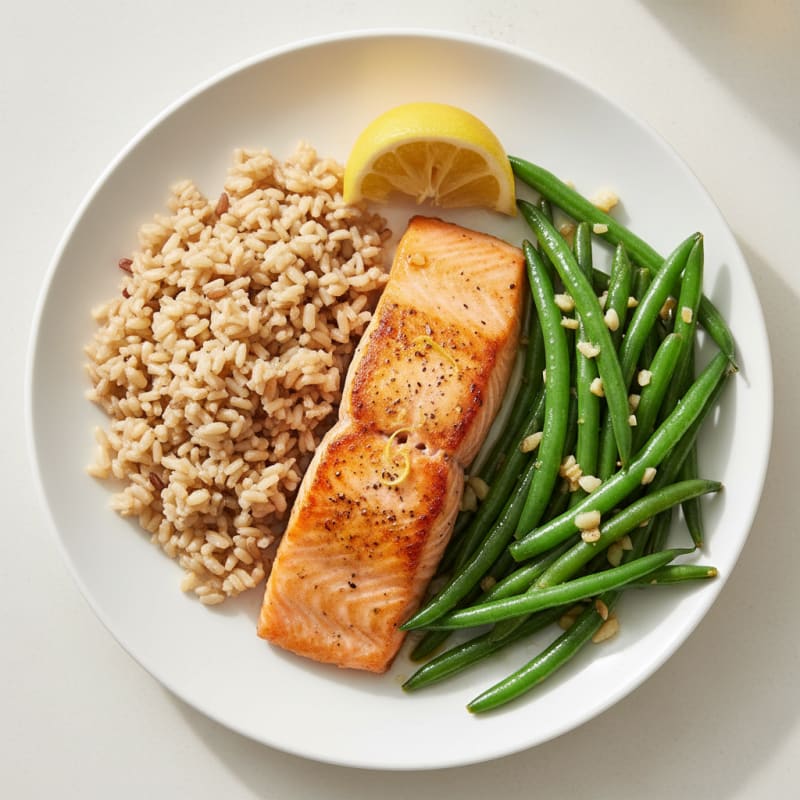 Seared Salmon with Garlic Green Beans and Brown Rice