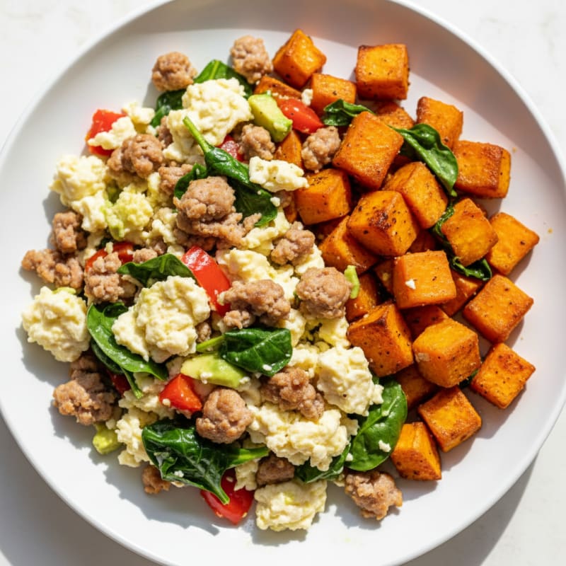 Egg White and Turkey Sausage Scramble with Roasted Sweet Potatoes
