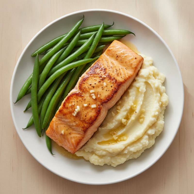 Seared Salmon with Steamed Green Beans and Garlic Mashed Cauliflower