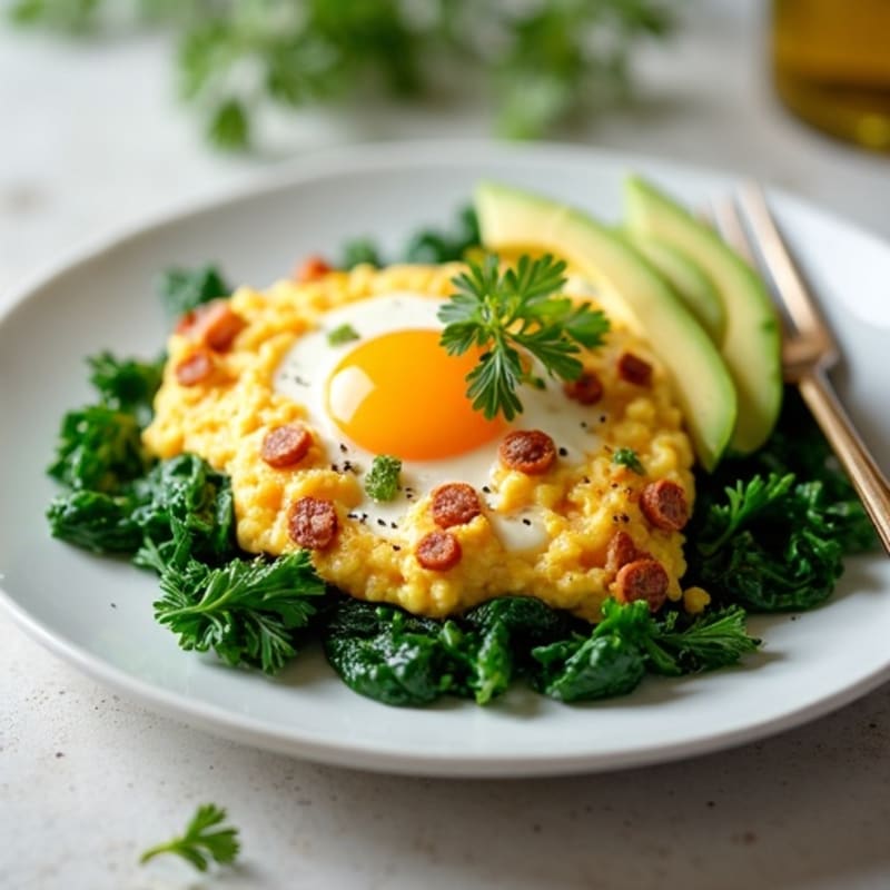 Egg White Scramble with Turkey Sausage and Sautéed Spinach