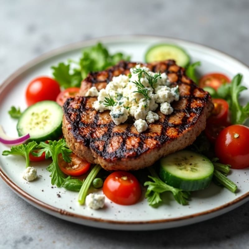Grilled Beef Steak Salad with Fresh Vegetables and Blue Cheese Crumbles