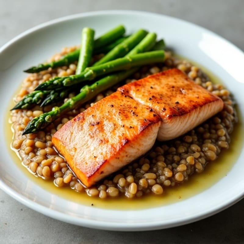 Seared Salmon Fillet with Steamed Asparagus and Lentil Mash