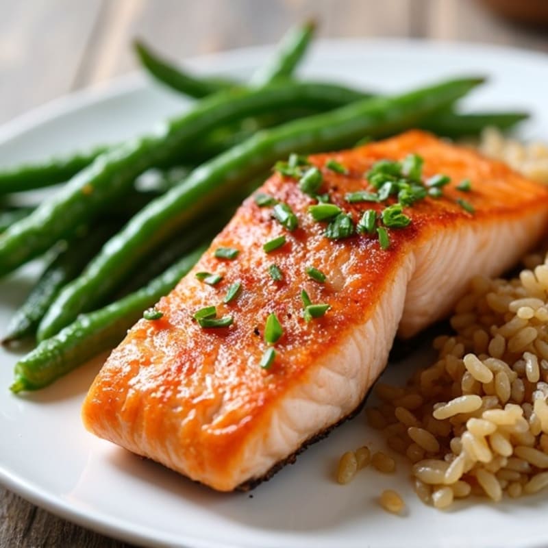 Seared Salmon Fillet with Garlic Green Beans and Brown Rice